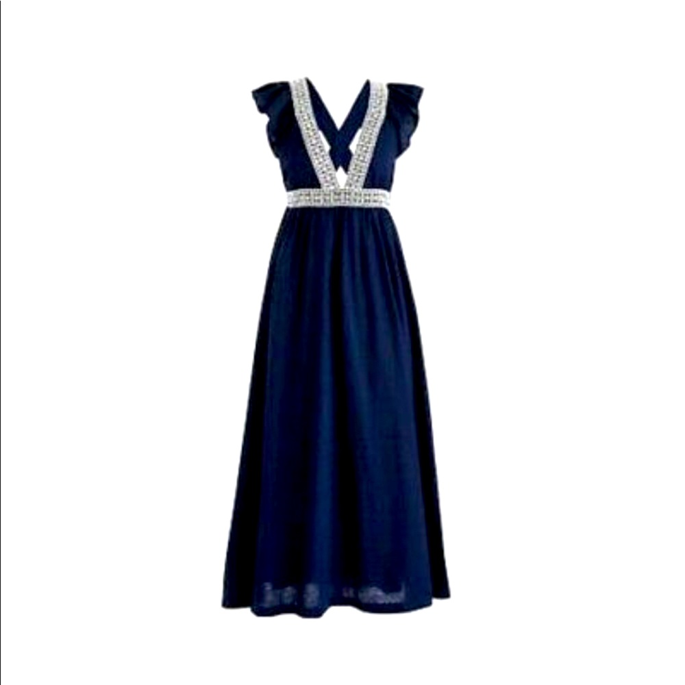 J Crew Navy and Whit trim linen dress